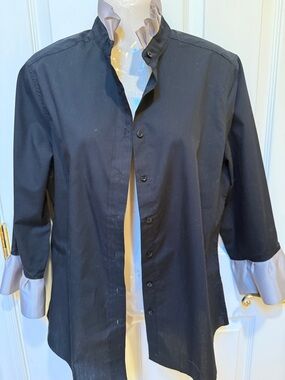 Pearly Vine Black Button-Up Shirt with Contrast silver/gray ruffle Cuffs